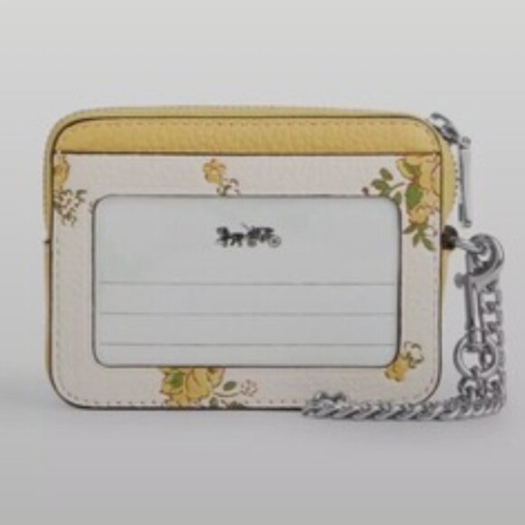 Coach Women Coach Zip Card Case with Chain in Floral Print Silver/Chalk Pebble Leather NWT